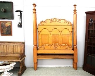 Carved tiger maple headboard & footboard with turned canopy posts. Picture #A.03