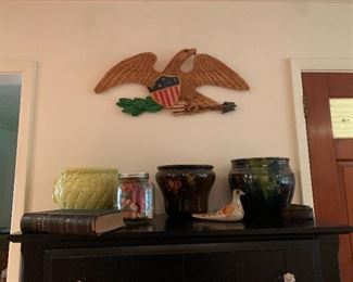 Vernon DePauw carved eagle, Weller jardiniere