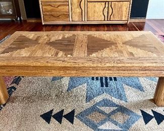 Inlay Designed Oak Coffee Table and Large Area Rug