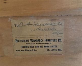 Label on antique dresser