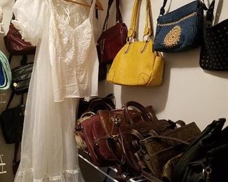 handbags, shoes (SAS/Merrell women's 6- 6.5), vintage clothes (women/men/children/baby)  including lingerie, hats, dresses, suits, coats