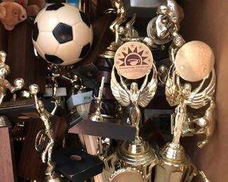 athletic memorabilia. someone in Mary Frances' life (her son) played a lot of soccer. And played it well. Here's proof. Take one. Take them all. Pretend you're World Cup material, or just let the sparkle collect dust. Everyone needs a trophy they didn't earn in a sport they didn't play.