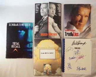 1013 LOT OF ARNOLD SCHWARZENEGGER FILM MEMORBILIA. LOT INCLUDES PRESS KITS FOR THE FILMS TOTAL RECALL; CONTAINS 6 STILLS INCLUDING ONE SIGNED, THE 6TH DAY; CONTAINS 10 STILLS, PROMOTIONAL POSTCARDS & PRODUCTION INFO, TRUE LIES; CONTAINS 12 STILLS & PRODUCTION INFO, A SIGNED TRUE LIES SCRIPT & RED HEAT; CONTAINS 13 STILLS INCLUDING ONE SIGNED, PRODUCTION INFO & AN INVITATION TO THE FILM SCREENING.