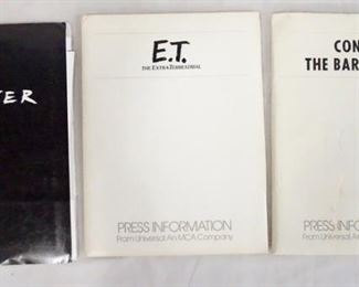 1027 LOT OF THREE MOVIE PRESS KITS. LOT INCLUDES, TWISTER; CONTAINS 3 STILLS & PRODUCTION INFO. E.T. CONTAINS 10 STILLS INCLUDING ONE SIGNED, SCREENING INVITATION & PRODUCTION INFO. & CONAN THE BARBARIAN; CONTAINS 6 STILLS INCLUDING ONE SIGNED & PRODUCTION INFO.