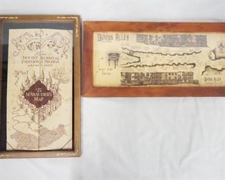 1063 LOT OF TWO FRAMED HARRY POTTER MAPS. THE MARAUDERS MAP 11 IN X 18 1/4 IN IN FRAME, & DIAGON ALLEY 21 IN X 10 IN INCLUDING FRAME