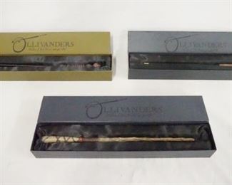 1068 LOT OF THREE WIZARDING WORLD OF HARRY POTTER *OLLIVANDERS* WANDS LOT INCLUDES BIRCH, HAWTHORNE, & VINE. IN ORIGINAL BOXES