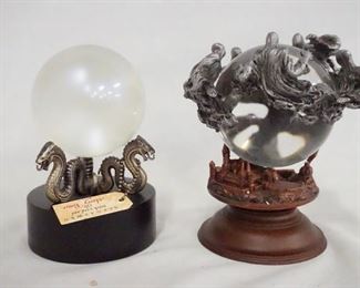 1101 LOT OF TWO HARRY POTTER CRYSTAL BALL REPLICAS. LOT INCLUDES DEMENTORS CRYSTAL BALL HAS DAMAGE ON BASE, & PROCHECY ORB.