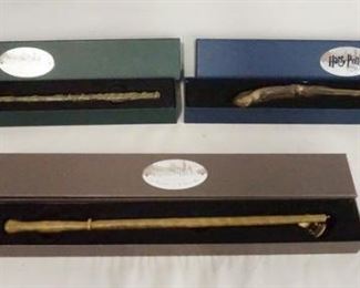 1127 LOT OF THREE THE NOBLE COLLECTION HARRY POTTER WAND REPLICAS, LOT INCLUDES HERMOINE GRANGER, THE SNATCHER WAND & LUCIUS MALFOR W/ ORIGINAL BOXES.