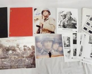 1139 LOT OF MEMORABILIA FROM SAVING PRIVATE RYAN, LOT INCLUDES TWO SIGNED PRINTS & A SIGNED SCRIPT, 13 35MM SLIDES, STILLS, A BOOK OF PRODUCTION INFO, ETC.