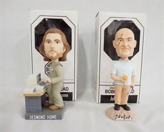 1163 LOT OF TWO LOST DHARMA INITATIVE BOBBLE HEADS INCLUDING DESMOND HUME & JOHN LOCKE BY BIF BANG POW W/ ORIGINAL BOXES.
