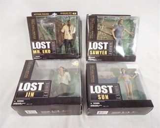 1166 LOT OF FOUR LOST MCFARLANE TOYS ACTION FIGURES W/ ORIGINAL BOXES. LOT INCLUDES SUN, JIN, SAWYER & MR. EKO