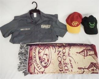 1199 LOT CONTAINING HARRY POTTER PRISONERS OF AZKABAN SIRIUS BLACK SHIRT, TWO HATS & A MADAURERS MAP BLANKET 44 1/2 IN X 58 IN