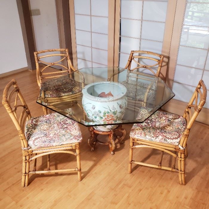 Asian Giant Fishbowl Dining Table with Rattan Chairs