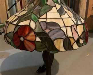 Bronze and Stained Glass Table Lamp with Brass Finial