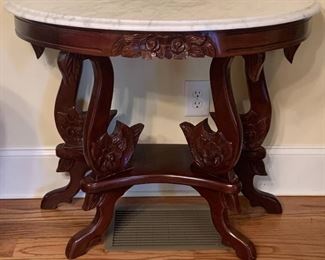 Carved Mahogany and Marble Demilune Table
