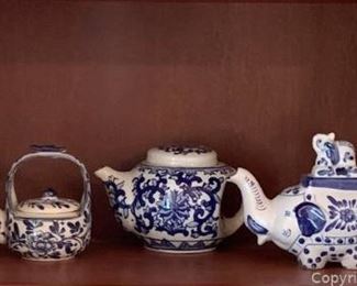 Five Piece Gorgeous Little Blue and White Teapot Collection