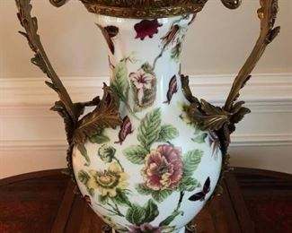 Floral Porcelain and Brass 2 Handled Vase