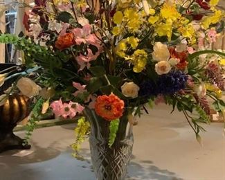 Large Faux Flower Arrangement in Cut Glass Vase