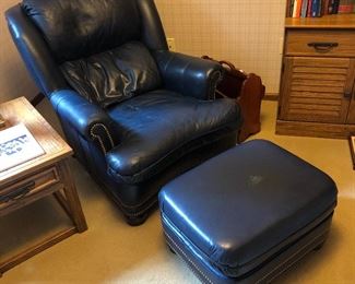 Blue leather chair and ottoman by Hancock & Moore.