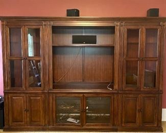 Thomasville TV console with lighted bookshelves, and storage