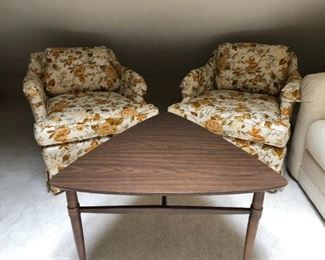MCM swivel occasional swivel chairs and triangular table.