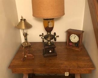 Danziger Library Table, 20th Century Coffee Grinder Lamp with original shade, Howard Miller Chime Clock
