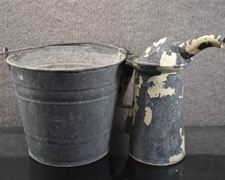 Lot of 2 Galvanized Metal Decor Items | Old pitcher with chippy paint, Old bucket | Pitcher is 11" h
