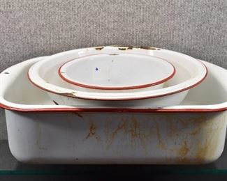 Lot of 3 Enamelware Items | Two Bowls, Refrigerator Box