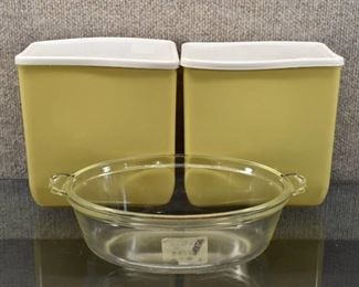 Vintage Lot of 3 Kitchen Items | 2 Plastic Mushroom Design Canisters, 1 Pyrex Oval Casserole | Canisters 4.25" x 6.75" x 7.5", Casserole 10.5" L