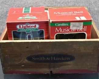 Lot of 5 Assorted Christmas Ornaments and Wooden Smith and Hawken Box