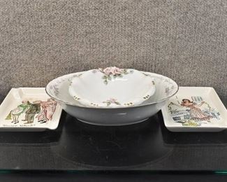 Vintage Lot of 4 Ceramic Items | Oval Serving Dish, Round Trinket Dish, 2 Funny Ashtrays | Oval Dish is 10 1/8"