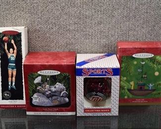 Lot of 4 Assorted Christmas Ornaments in Boxes | Hallmark Lunar Rover, Hallmark Noah's Ark, OU Bulb, Larry Bird