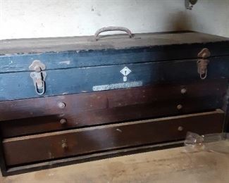 Wood tool box filled with hand tools