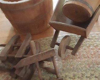 wooden clamps, buckets, toy wheel barrow