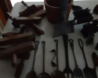 Cash iron implements and wooden clamps