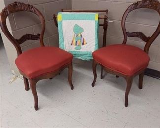 Victorian Balloon Back chairs, applique quilt