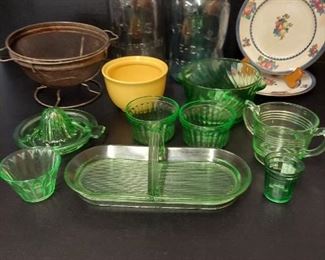 Green Depression Glass, Lourioux LeFaume Pots DeCreme, kitchen items.