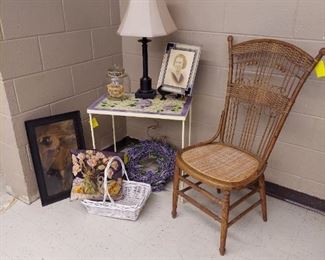 Vintage chair, mosaic tile table, lamp, etc.