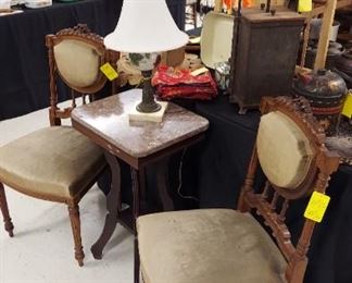 Victorian chairs, MT table and lamp