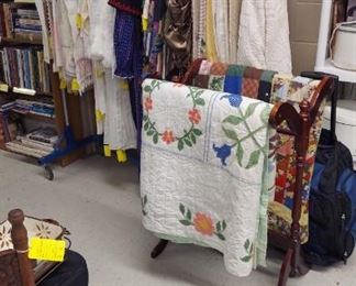 Vintage hand made quilts, linen table cloths, curtains, valances