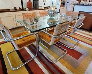 Beautiful MCM ChromeCraft dining room table and 6 rope rattan chairs