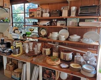 Kitchen spills out into garage!  Small appliances, dishware & bakeware.