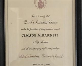 Claude A Barnett 
Art Institute of Chicago Letter Dated 1946 AUCTION