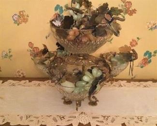 Vintage brass and crystal centerpiece brimming with agate fruit 