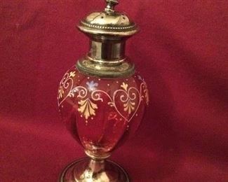 Antique cranberry and sterling with hand painting.  Dresser piece or sugar shaker.  