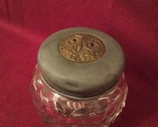 Antique dresser jar with brass and nickel lid.  Embossed owl.   