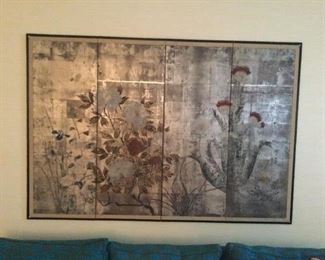 Vintage 4 panel Byobu screen.  Artist signed.  Thistles. 