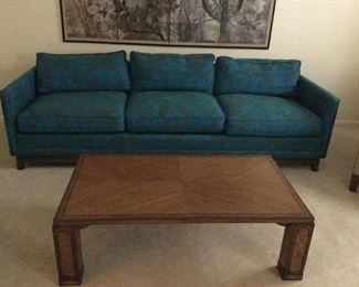 Hollywood Regency tapestry sofa with Mastercraft coffee table 