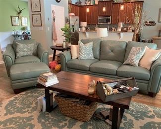 Blue/Grey Faux living room set 
Sofa, love seat, chair with ottoman 