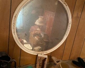 Old straight razors, spectacles, pictures, Barber shears clippers